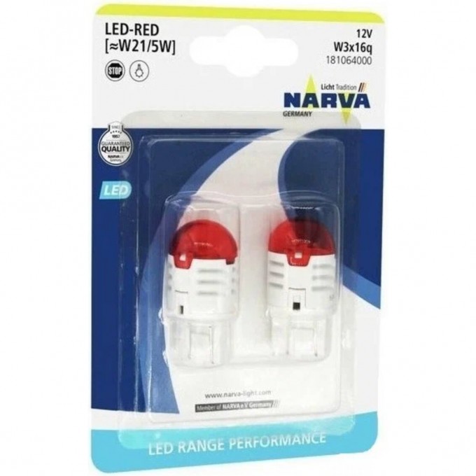 Лампа NARVA RANGE PERFORMANCE LED W21-5 12V W3x16q 0.8W/1.75W B2 red 2шт. 81070396 Лампа NARVA RANGE PERFORMANCE LED W21-5 12V W3x16q 0.8W/1.75W B2 red 2шт. 81070396